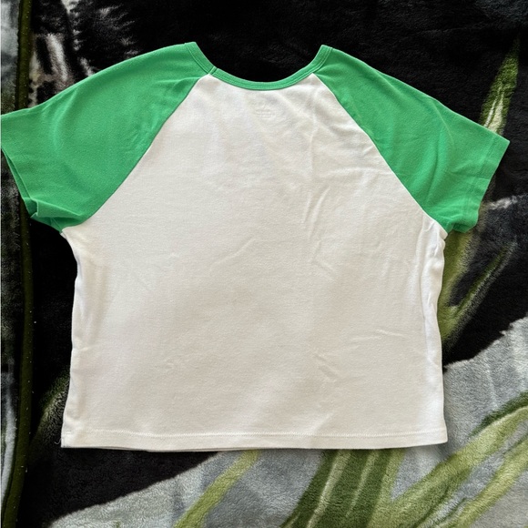 White Cropped Baseball Tee with Green Sleeves - Picture 3 of 3